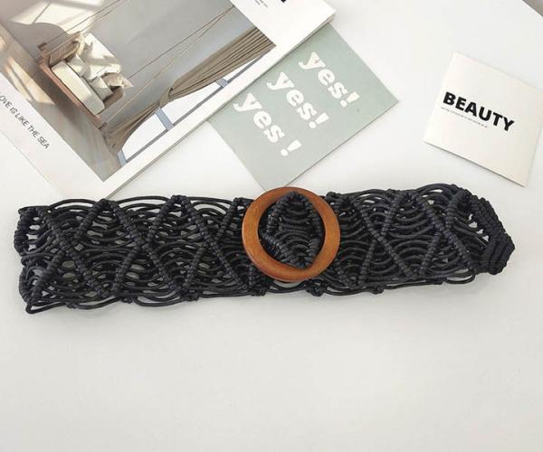 5cm Width Woven Cotton Waist Belt Round Wooden Buckle