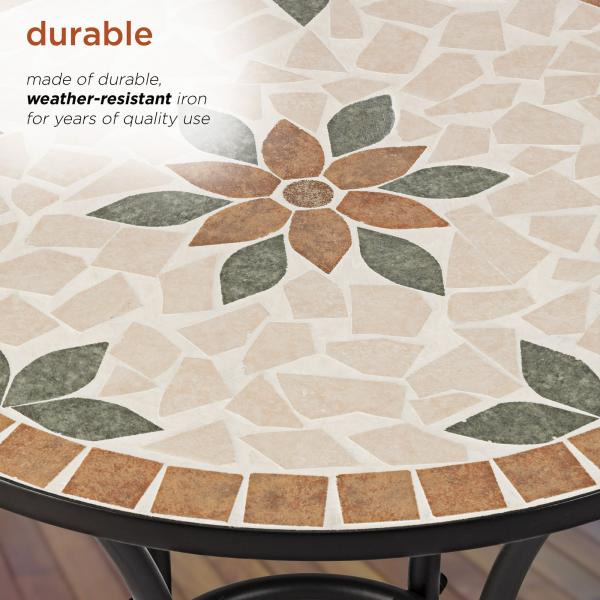 AJUNION 3 Piece Iron Mosaic Tile Patio Bistro Set with Ceramic Table and Folding Chairs