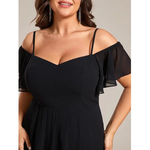 Empire Off-shoulder Spaghetti Strap Zipper High-low Wedding Guest Dresses Short Sleeves Black Chiffon Prom Dress