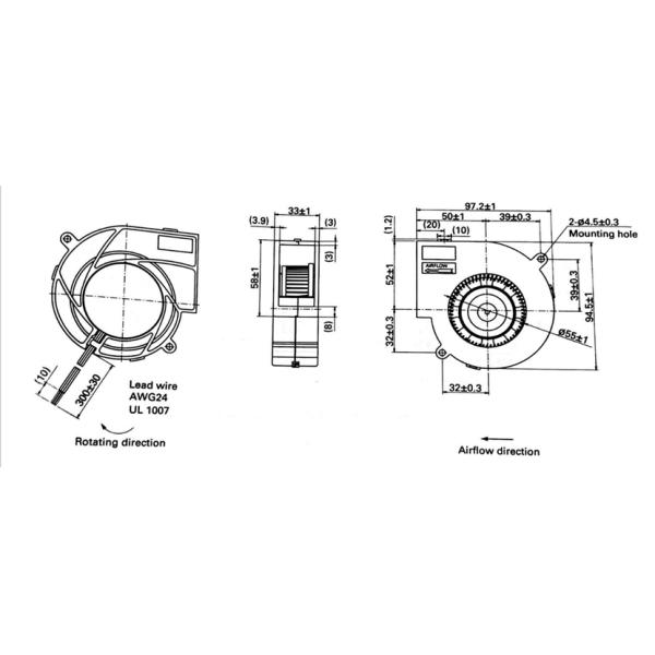 9733 8200RPM DC Blower Fan 97x94x33mm Black Plastic Frame Ball Bearing