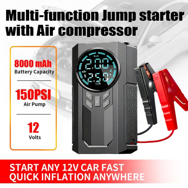 Emergency Jump Starter With Tyre Inflator 150 PSI Mini Portable Car Air Pump Compressor Tire Pump Starter Pack