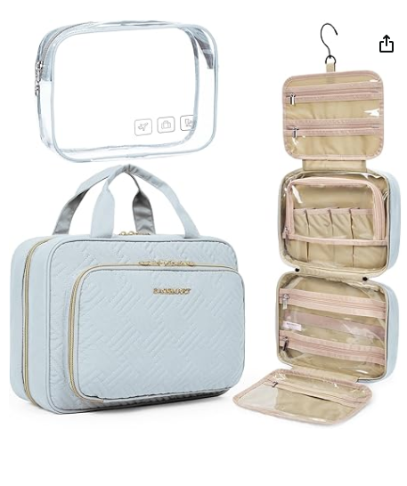 BAGSMART Toiletry Bag Hanging Travel Makeup Organizer with TSA Approved Transparent Cosmetic Bag Makeup Bag for Full Sized Toiletries, Medium-Black