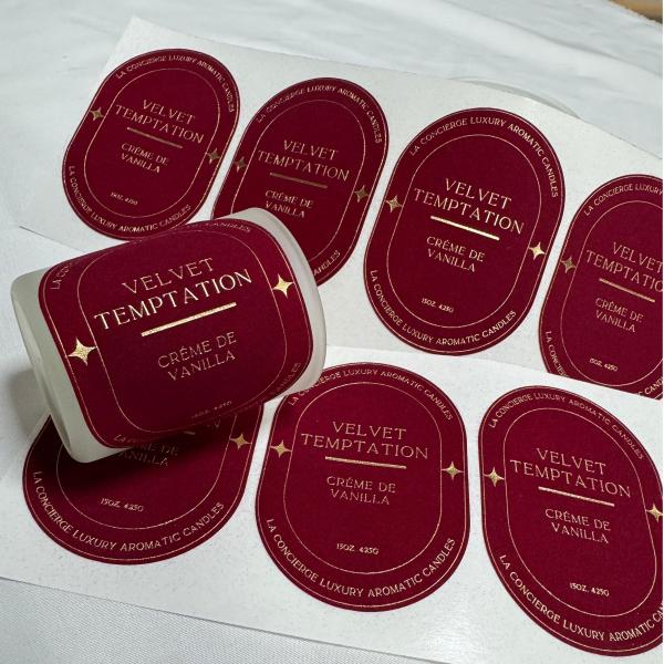 Eco Friendly Customized Print Logo Velvet Embossed Gold Candle Label Sticker for Candle Jar