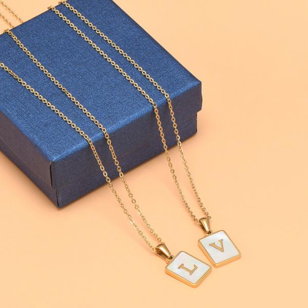 JDN201003 Fashion Necklace 2021 Trendy Stainless Steel Letter Initial Necklace for Women White Rectangle Shell Alphabet