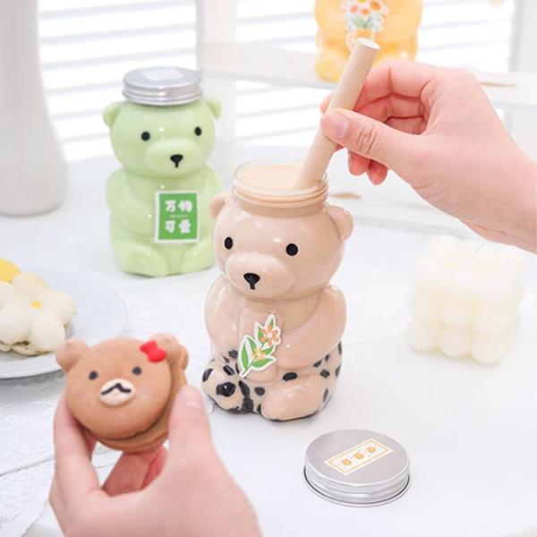 Plastic Juice Milktea Bottle with Cap Reusable Bear Shape