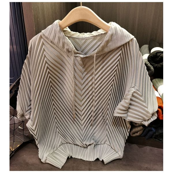 Hooded Pleated Lazy Style Summer Korean Version Loose Short Sleeved Solid Color T-shirt Top for Women
