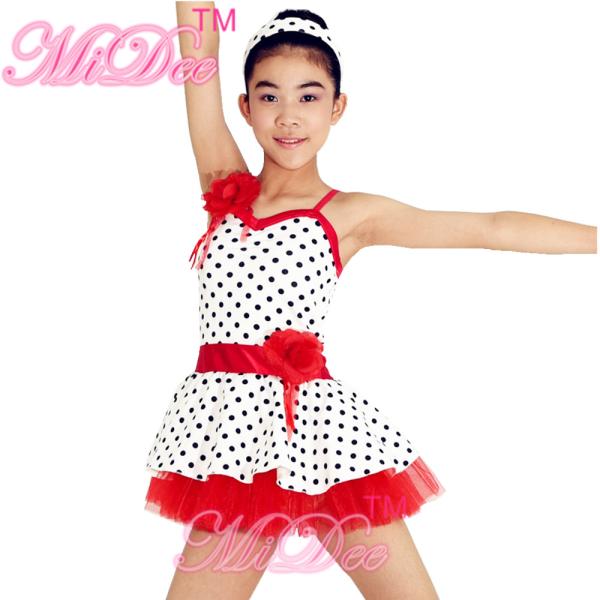 Lycra Kids Dance Clothes Red White Polka Dot Dance Dress With Flowers Trim