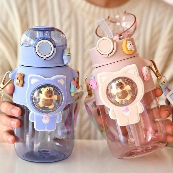 Style Drinking Sports Bear Cartoon Kids Outdoor 680ml Plastic Water Bottle With Straw