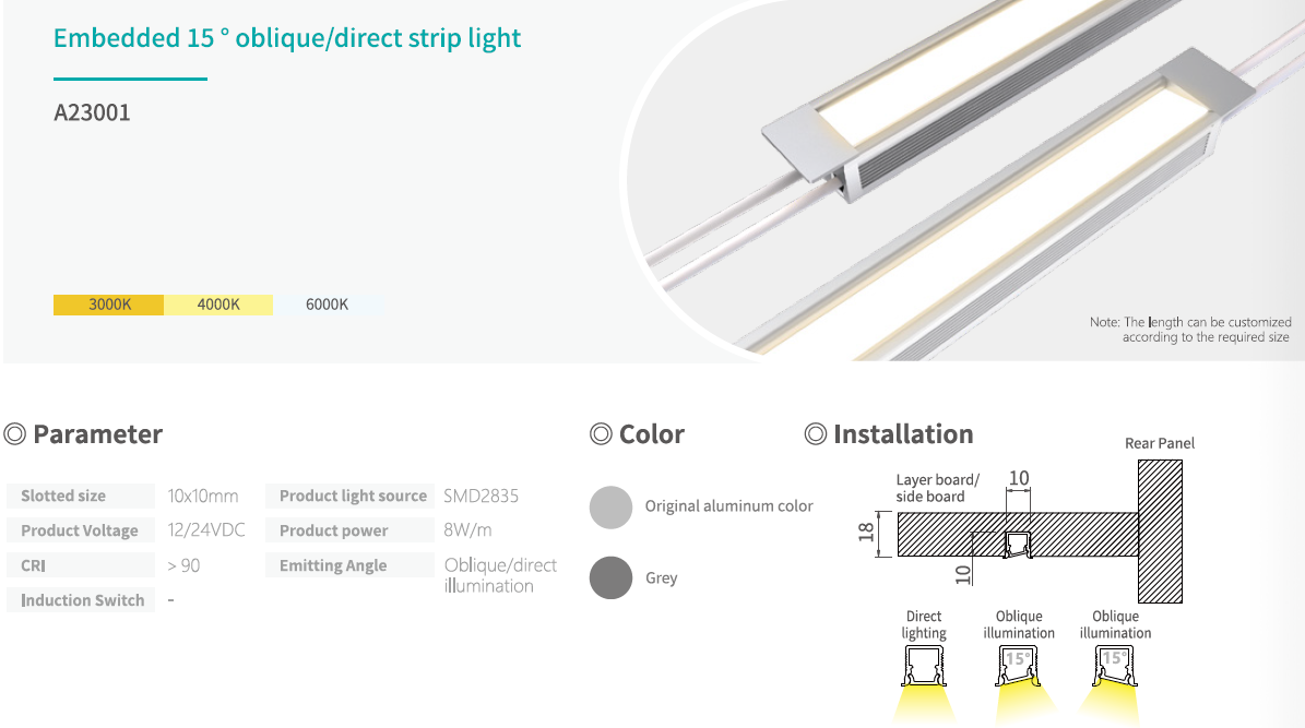 12V/24V 8W/M CRI90+ Under Cabinet Embedded LED Strip Light 15° Oblique And Direct Illumination