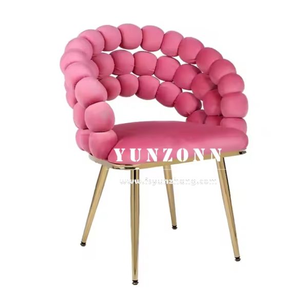 Wholesale Modern Style Gold Metal Legs Hotel Armchair Upholstered Beige Velvet Fabric Pompom Dining Chair