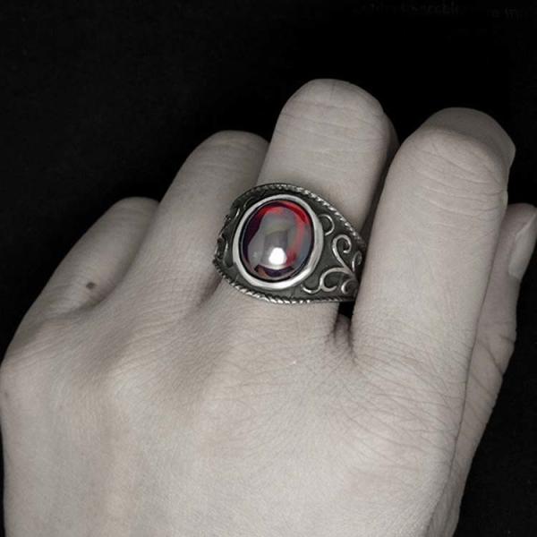 Men's Titanium Stainless Steel Vintage Ring with Red Cubic Zirconia (SA704)