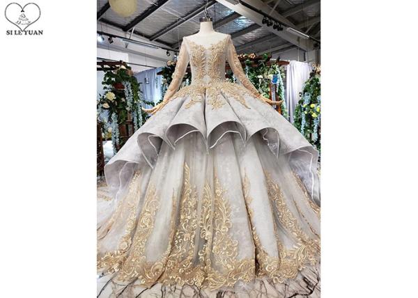 Gold Tailor Made Prom Dresses / Long Sleeve Ball Gown Lace Beading Big Tail