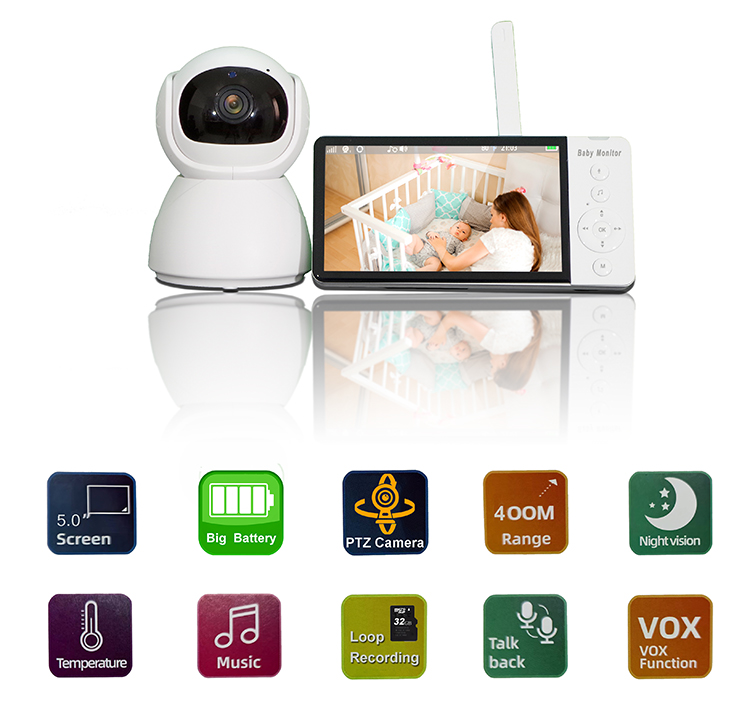 Smart Baby Pet Monitor PTZ Camera 5.0 Inch Screen Big Battery Sleep IR Night Vision Two-Way Audio Music Talk-Back