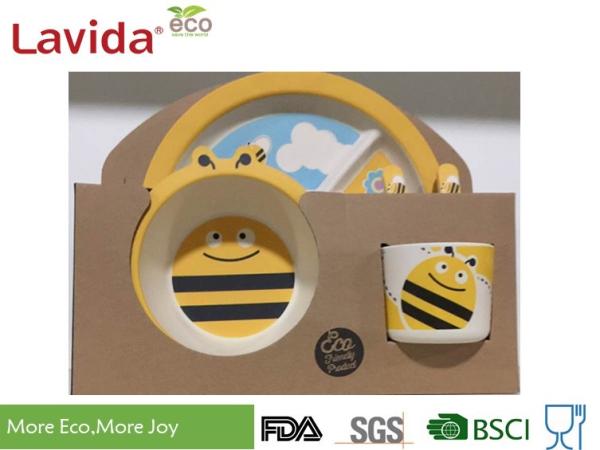Waterproof 3 - Section Bamboo Kids Plate Set Non - Flammable For School And Camping