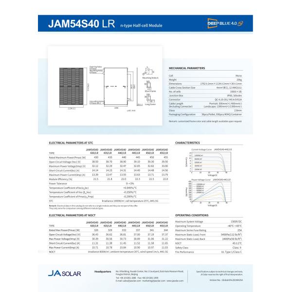 BIPV JA Solar Energy Panel JAM54S40 LR 430-455W PV Module N-Type Half Cell Monocrystalline
