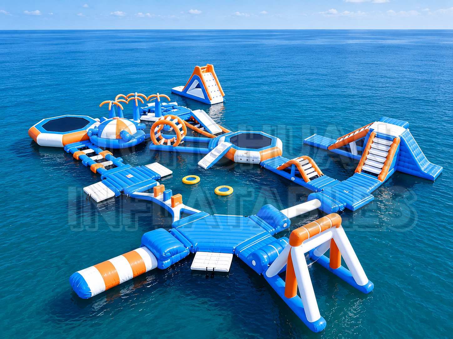 Large Inflatable Ocean Adventure Park with Modular Slides Trampolines Climbing Elements and Activity Zones for Beaches Hotels and Water Recreation Businesses