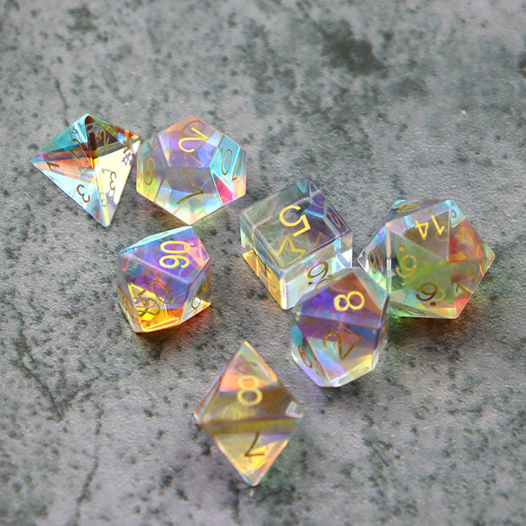Natural Clear Quartz Crystal Polyhedral Dice Set with AB Rainbow Coating and Silver Ink Engraved Numbers for DND and RPG Games