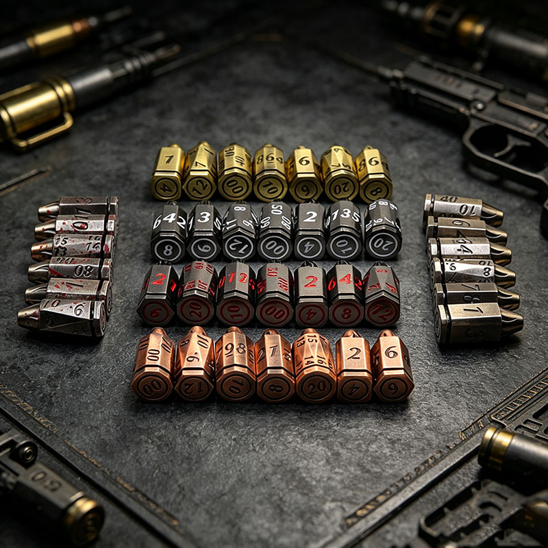 Heavy Duty Zinc Alloy Metal Dice Set with 7 Bullet Shaped DND Dice and Sliding Hidden Case for TRPG Players