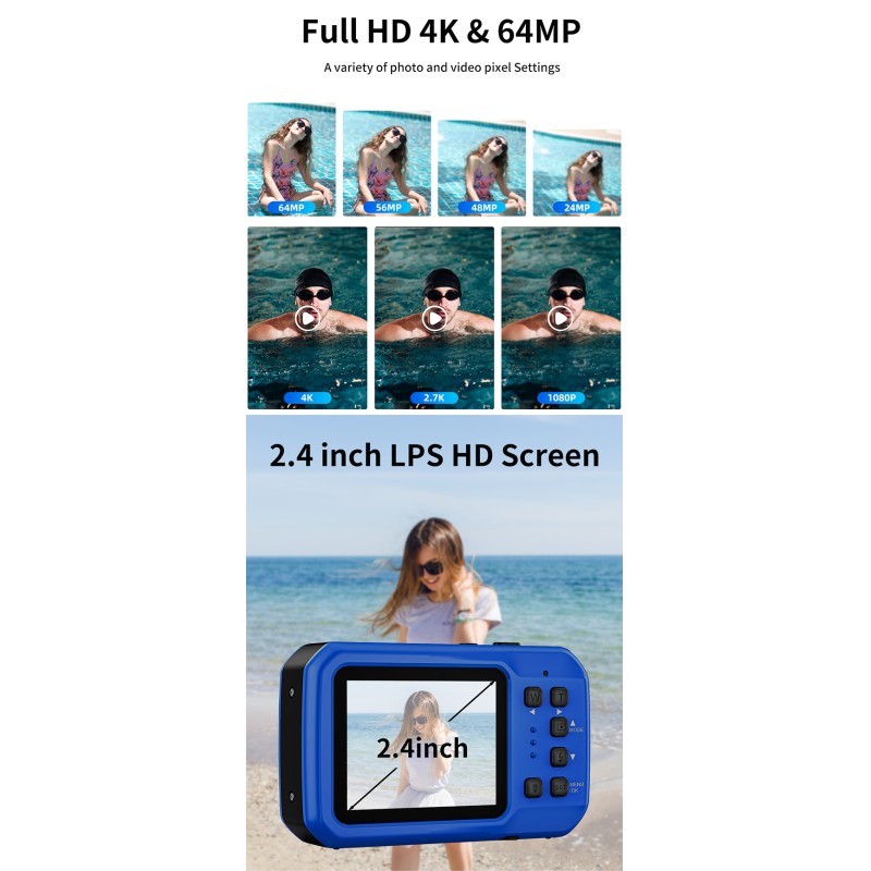 Retro Vintage HD 4K 64MP Waterproof Camera IP68 5M Waterproof Auto Focus 16X Digital Zoom Underwater Camera for Snorkeling