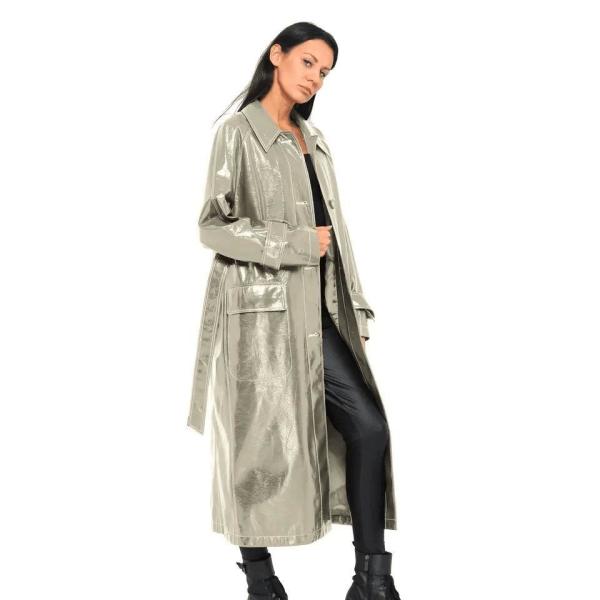                  Wine Red Trench Women′s Slim Motorcycle PU Leather Coat Long Slim with Belt Women′s Leather Trench Coats             
