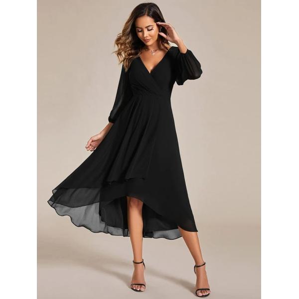 Elegant Empire Long Sleeve V-neck High Low A-line Ruffled Midi Burnt Orange Chiffon Wedding Guest Cocktail Dress