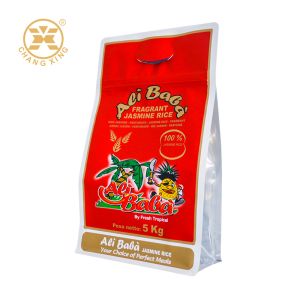 Bolsa de embalaje de arroz de plástico con diseño del cliente, bolsa con fondo plano y cremallera, embalaje de 5 kg para arroz Basmati