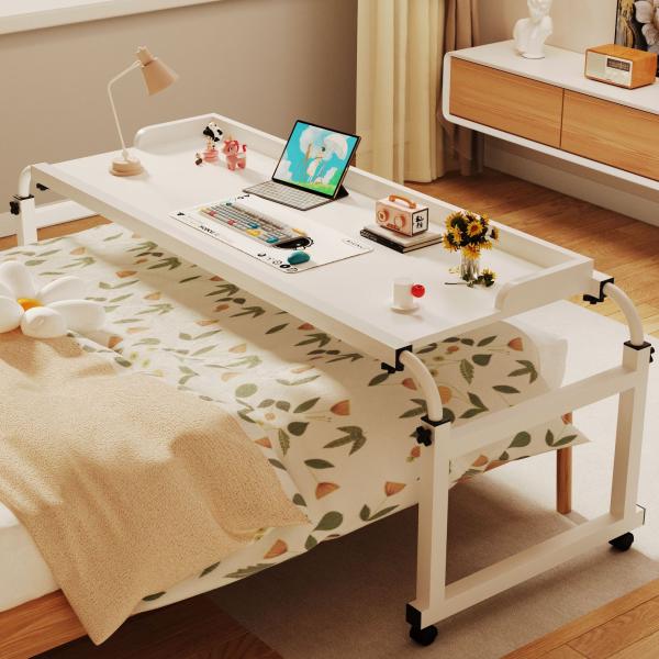 Wooden Portable Desk Adjustable Lazy Cross Bed Table with Wheels for Modern Home Furniture in Bedroom