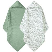 100% Cotton Hooded Baby Towels 2-Pack - 32x32 Inches, Darkgreen & Leaf