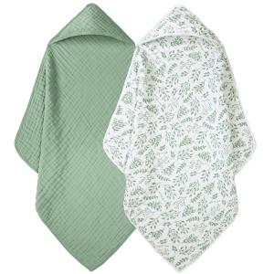 100% Cotton Hooded Baby Towels 2-Pack - 32x32 Inches, Darkgreen & Leaf