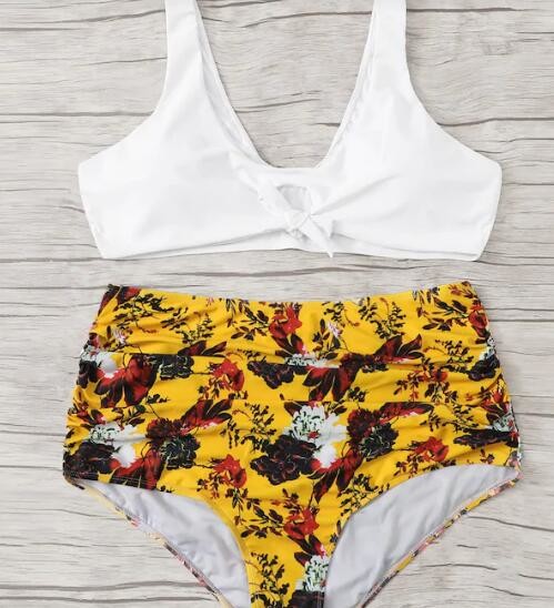 Big Size Wrap Halter Top With Floral print Bikini Set Swimwear Women size 3XL