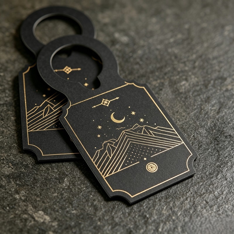 Black Vellum Paper Liquor Neck Tag With Gold Foil For Bottle Packaging
