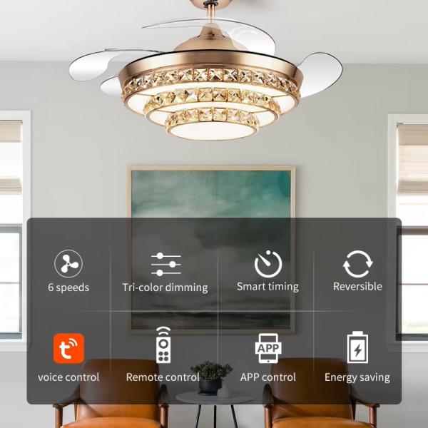 Remote Control LED Fan Lights 72W 500mm 42 Inch Retractable Ceiling Fan