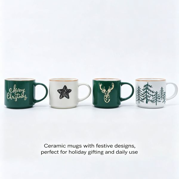 Christmas Embossed Reindeer & Tree Ceramic Mug Set of 4