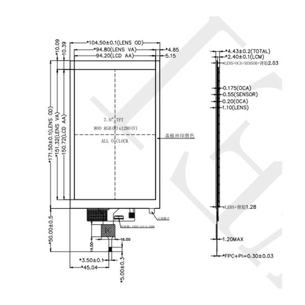 7-inch TFT LCD Display 800*1280 Brightness 350cd/m2 Security Access Control Display Panel