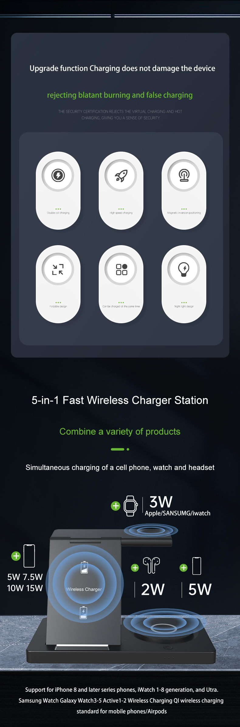 5 в 1 складная зарядная станция Airpods Iwatch быстрая зарядка iPhone с ночным светом 2w