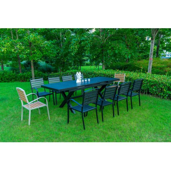 Black 11 Pieces Plastic Wood Modern Outdoor Garden Furniture Table Set 8-10 Seater Extendable Patio Dining Table Chairs