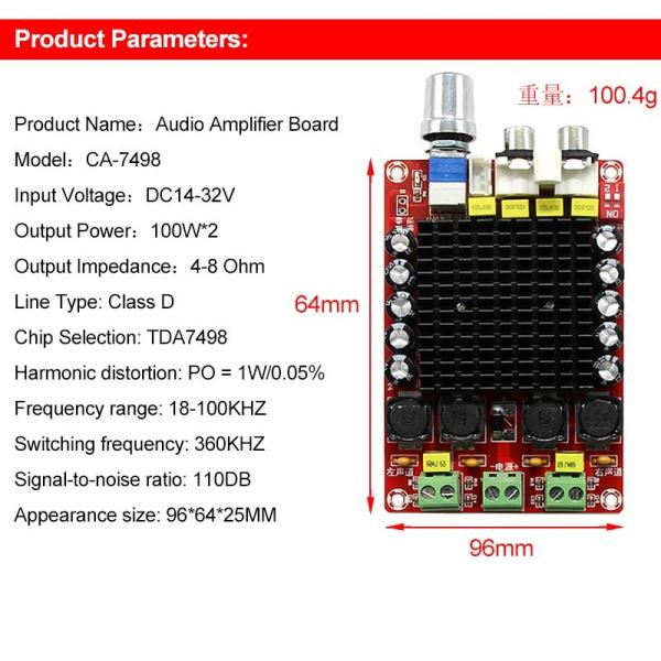 Dual Channel 100W Output Audio Amplifier Board with DC14-34V Input and Class D Technology