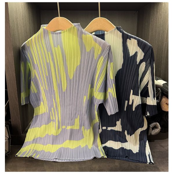 Women's Summer Two-Piece Casual Suit Color-Blocked Printed Pleated Stand-Up Collar Short-Sleeved T-Shirt Loose New Slimming Look