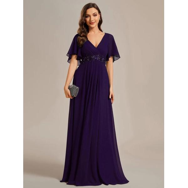Sexy Empire Applique A-line Short Flutter Sleeves V-neck Invisible Zipper Burnt Orange Chiffon Evening Dress