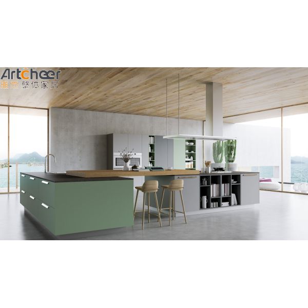 Modern Design Green Color Kitchen Cabinets with 3 Years Warranty for Home and Commercial Use
