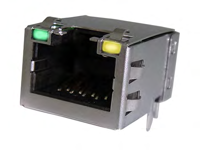 Single port right angle surface mount modular jack connector Amphenol RJCSE538101 with integrated LEDs and EMI shielding