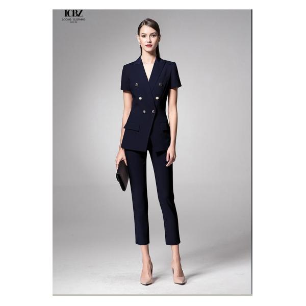 Тёмный военно-морской стиль стройный блейзер для дам офис короткий рукав женские костюмы воротник V-шесть