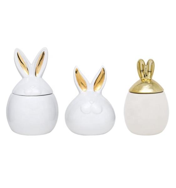 Latest Easter Rabbit Cookie Sugar Coffee Ceramic Storage Canister With 3D Golden Electroplated Lid