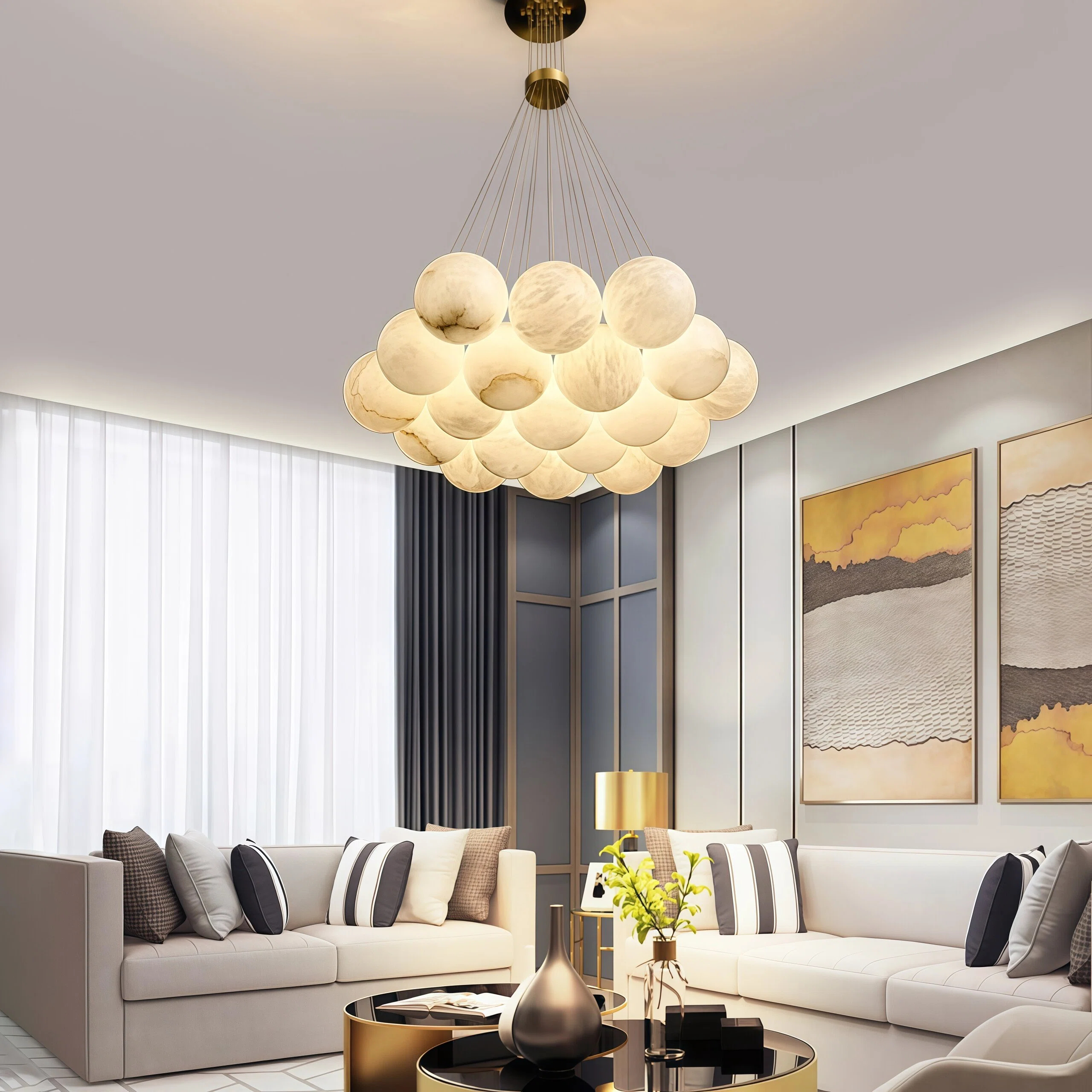 JYLIGHTING Modern 19-Light Alabaster & Brass Cluster Chandelier, Globe Pendant Light for Living Room & Foyer