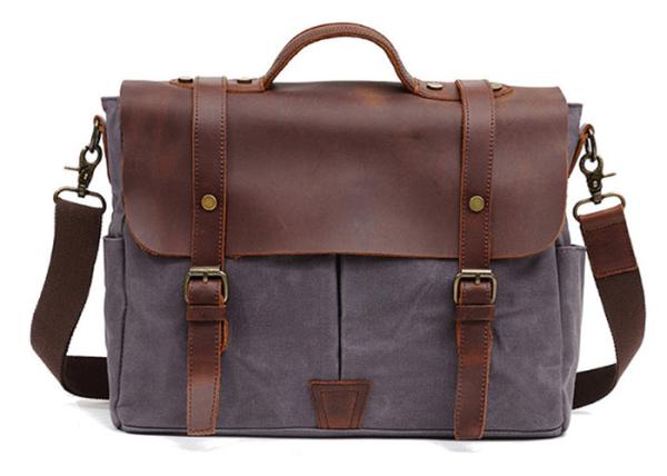 Wax Oil Canvas Mens Crossbody Computer Bag With Laptop Compartment Full Grain Leather