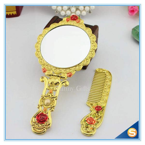 Circular Rose Design Classic Retro Makeup Mirrors One Side Ladies Handle Metal Cosmetic Mirrors