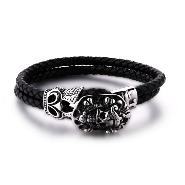 Man's leather bracelet man's stainless steel skull magnetic clasp bracelet