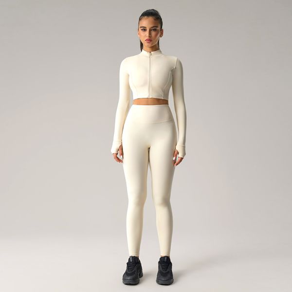 Cropped Long Sleeve Zip Up Yoga Jacket High Waisted Leggings Set Full Coverage Navy Blue