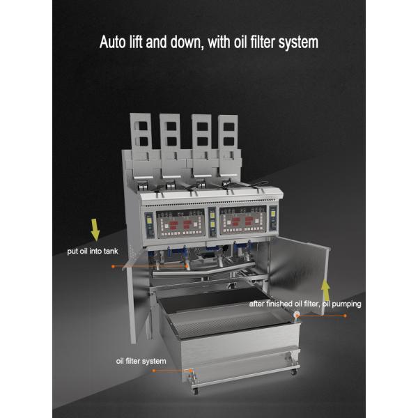 OFE-H413 Auto Lift 4 Pots 4 Baskets Digital Computer Panel With Oil Filter System 28kw Electric&Gas Open Deep Fryer