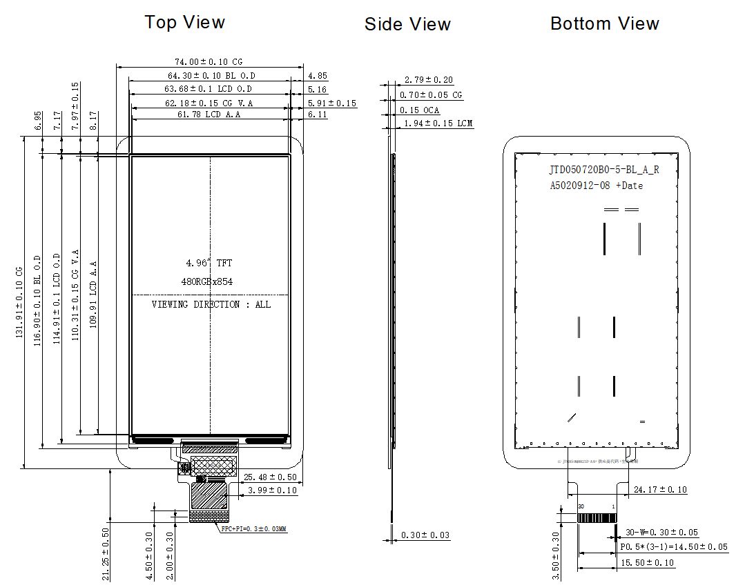 4.96 Inch PDA IPS TFT LCD Panel 480x854 Resolution MIPI Interface High Brightness
